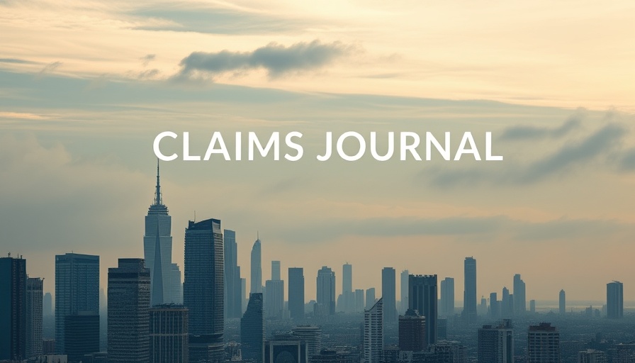 Urban skyline with 'CLAIMS JOURNAL' overlay, emphasizing the insurance claim process