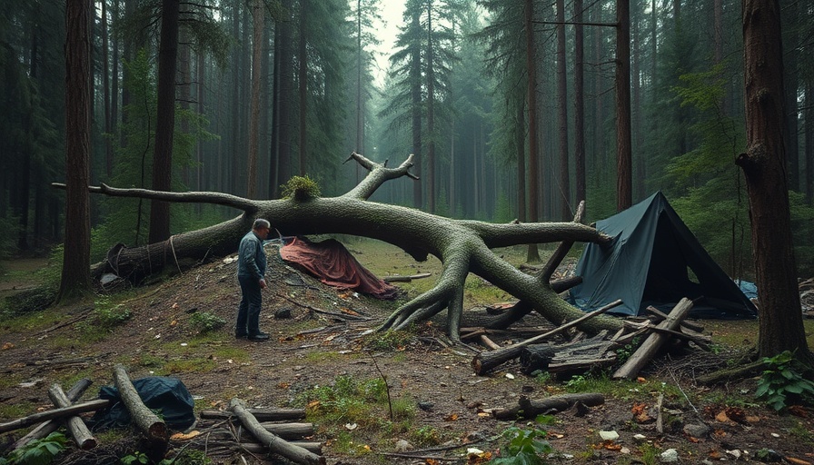 Campsite aftermath with fallen tree; focus on Texas youth camp safety regulations.