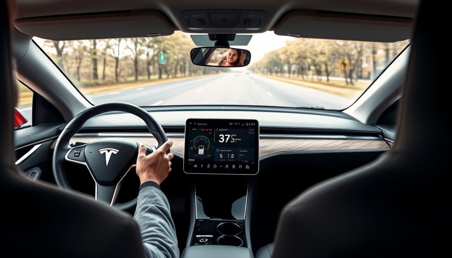 Tesla car interior with touchscreen showing driving data, insurance claim disputes context.