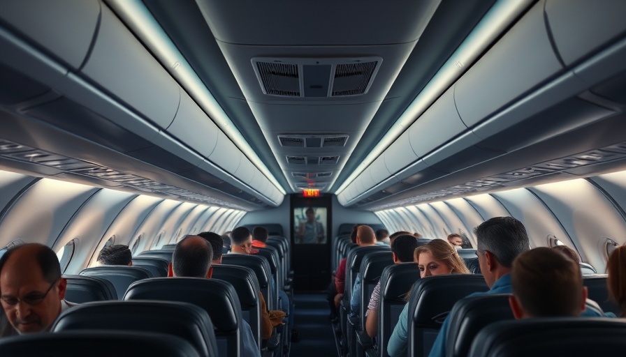 Airplane cabin with windowless seats, passengers seated.