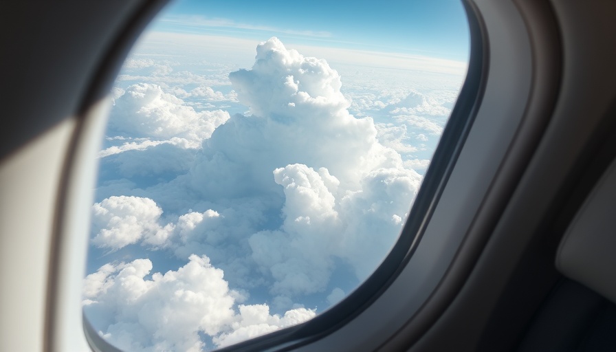 Airplane window view of blue sky and clouds.