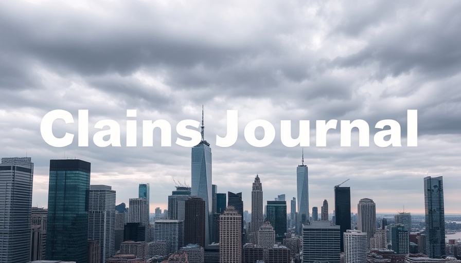 Modern city skyline with Claims Journal text, insurance claim process.