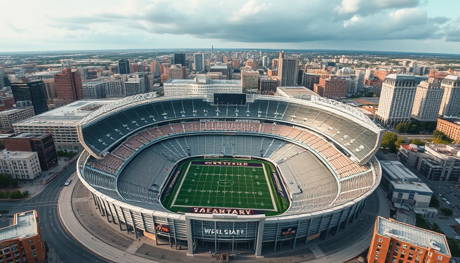 Aerial view of a large stadium in Nebraska city.
