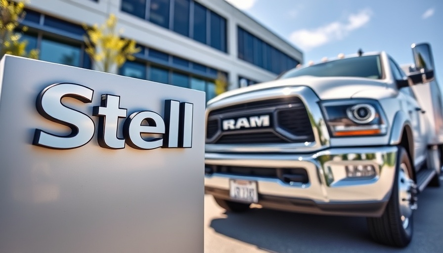 Stellantis building with logo and parked RAM truck, daytime.