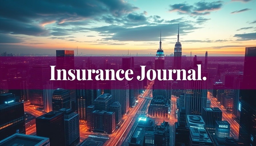 Futuristic cityscape with digital data overlay and Insurance Journal text.