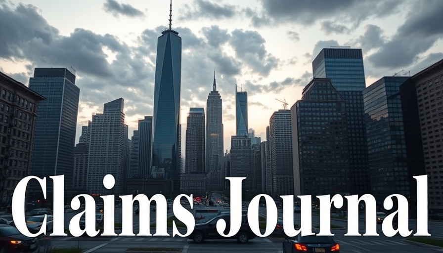 Urban skyline with Claims Journal text, insurance claim process.
