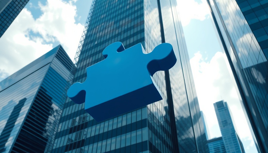 Blue puzzle piece in sky among skyscrapers, insurance claim disputes concept.