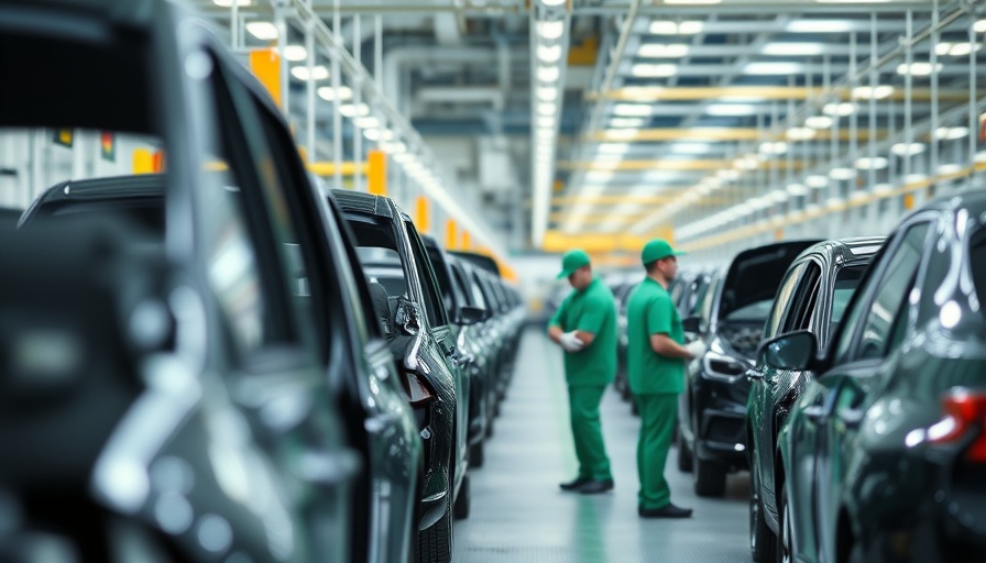 Industrial assembly line in car factory showing insurance claim process.