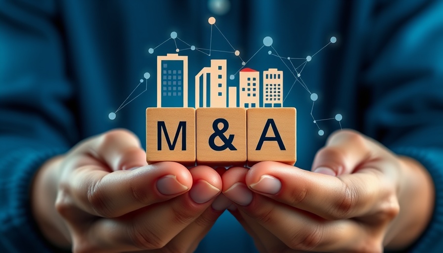 Hands holding blocks with business icons, M&A digital overlay.