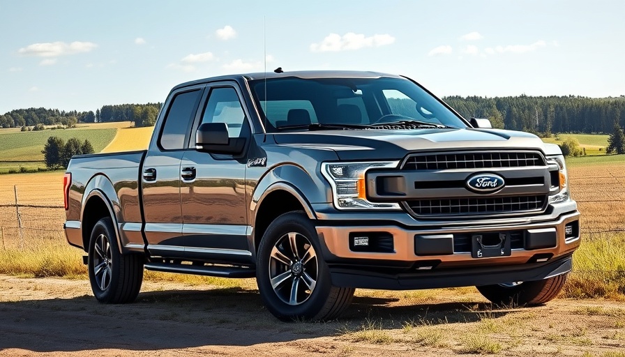 Gray Ford F-150 Lightning truck on a gravel road with rural background.