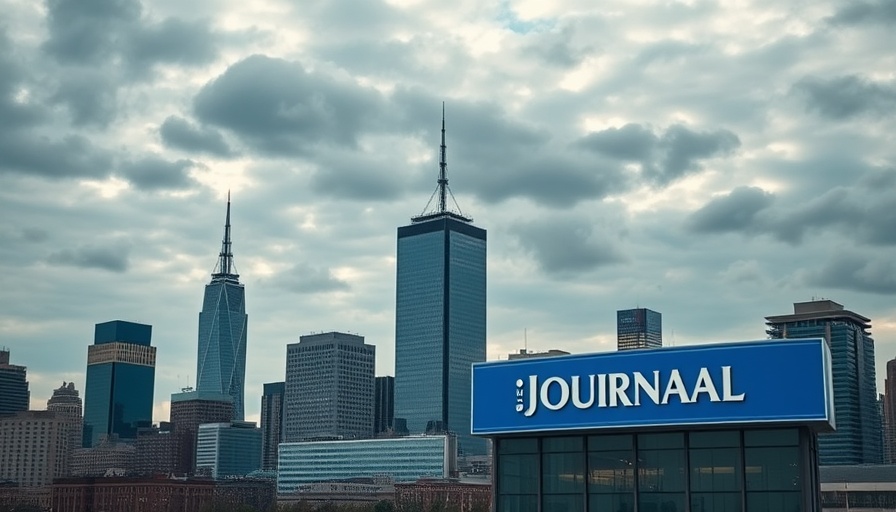 Insurance claim process concept with Claims Journal logo over city skyline