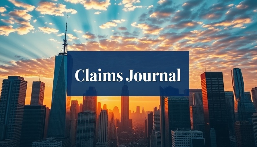 Urban skyline with 'Claims Journal' text overlay, insurance claims process.