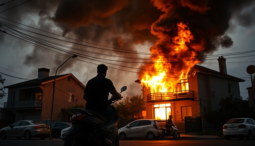Person on scooter watching house fire, thick smoke billowing.
