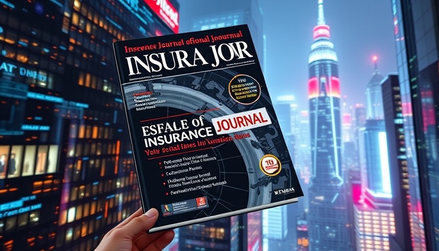 Futuristic cityscape with Insurance Journal cover, vibrant urban scene.