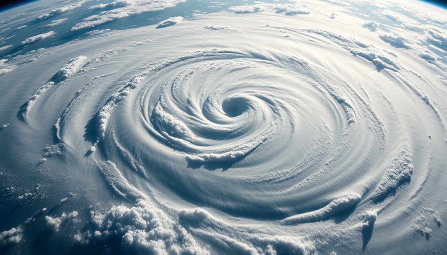 Intense Gulf storm viewed from space, swirling cloud patterns.