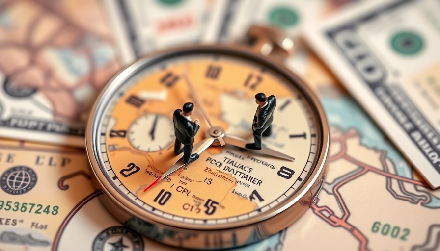 Miniature figures on watch face over dollar bills, insurance claim disputes concept.