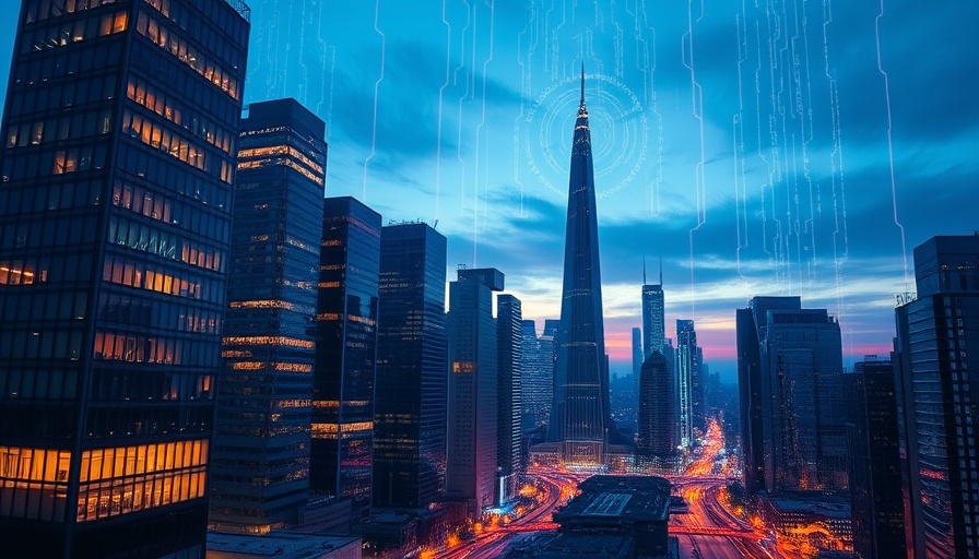 AI in Insurance Claims Process in futuristic cityscape with data flow.