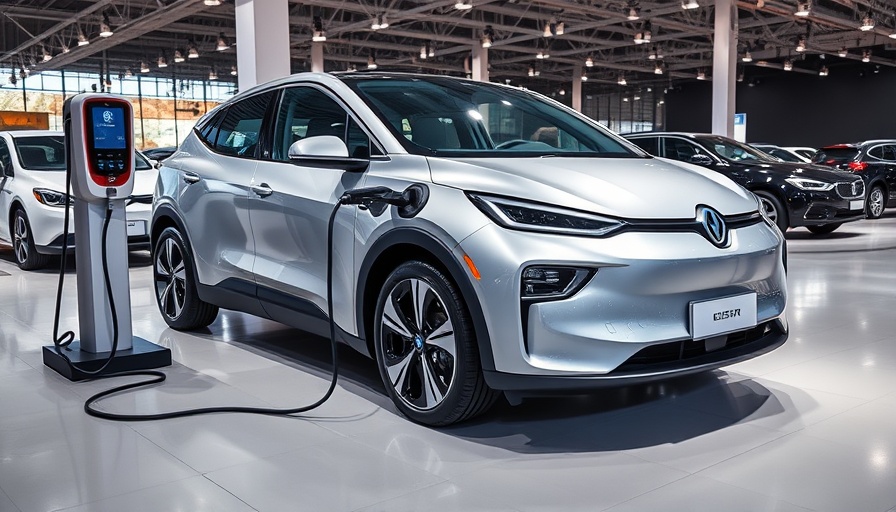 Silver electric car charging at auto show; GM scales back EV production.