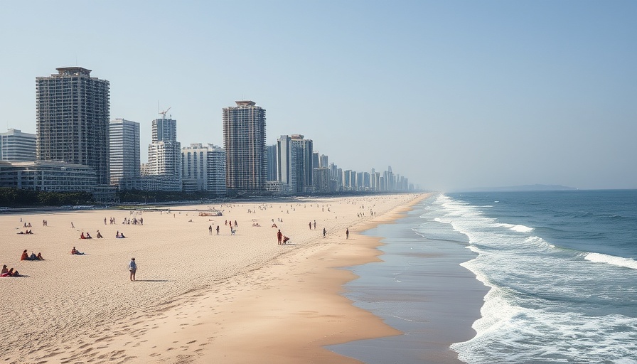 Serene beach with cityscape, reflecting harmony and leisure.