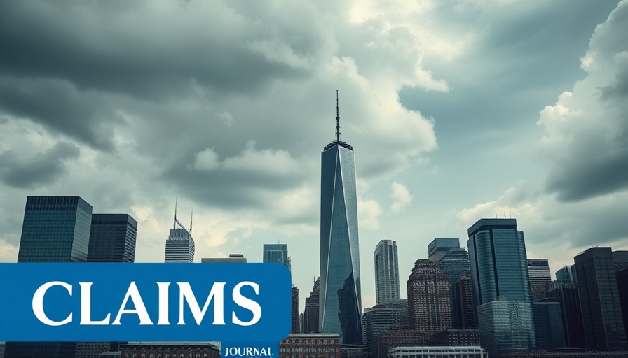 Insurance claim process guide with city skyline and Claims Journal logo