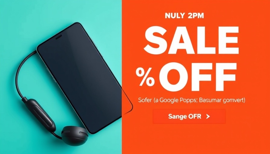 Colorful ad showcasing smartphone and headphones discount.