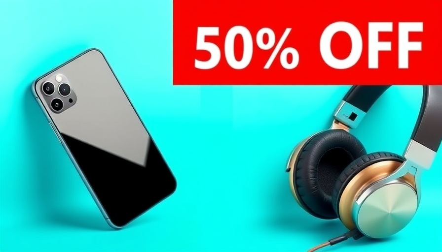 Ad banner with phone and headphones on turquoise background.