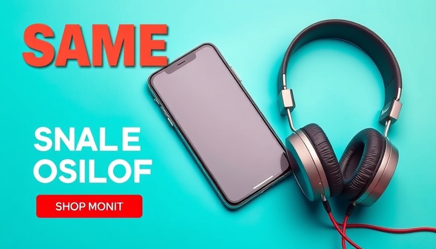 Promotional banner with smartphone and headphones on turquoise background.