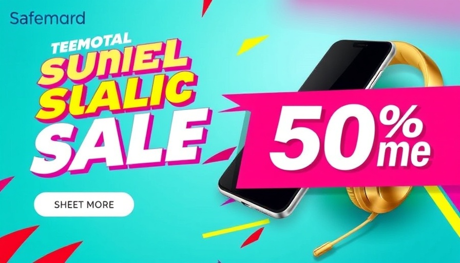 Vibrant ad banner with phone and headphones.