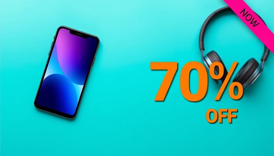 Colorful ad banner with electronics on vibrant background.
