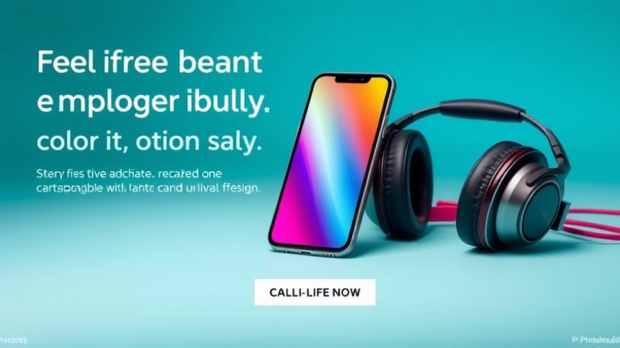 Colorful ad with smartphone and headphones on turquoise background.