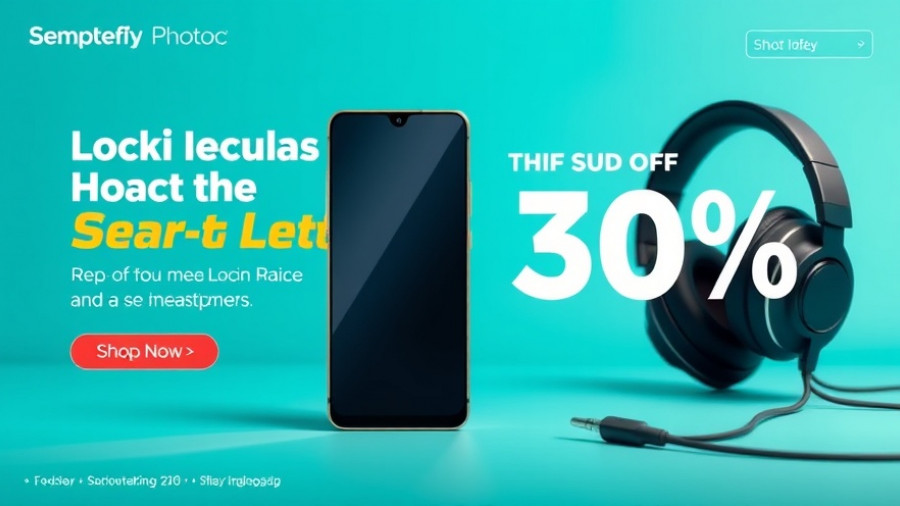 Advertisement with smartphone and headphones, bright turquoise background, discount offer.