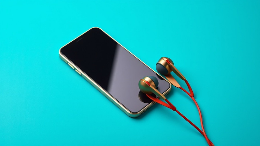 Promotional banner with smartphone and headphones, vibrant turquoise background.