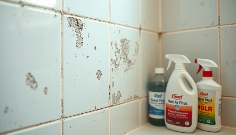 Bathroom tiles with mold spots and cleaning supplies for mold removal techniques