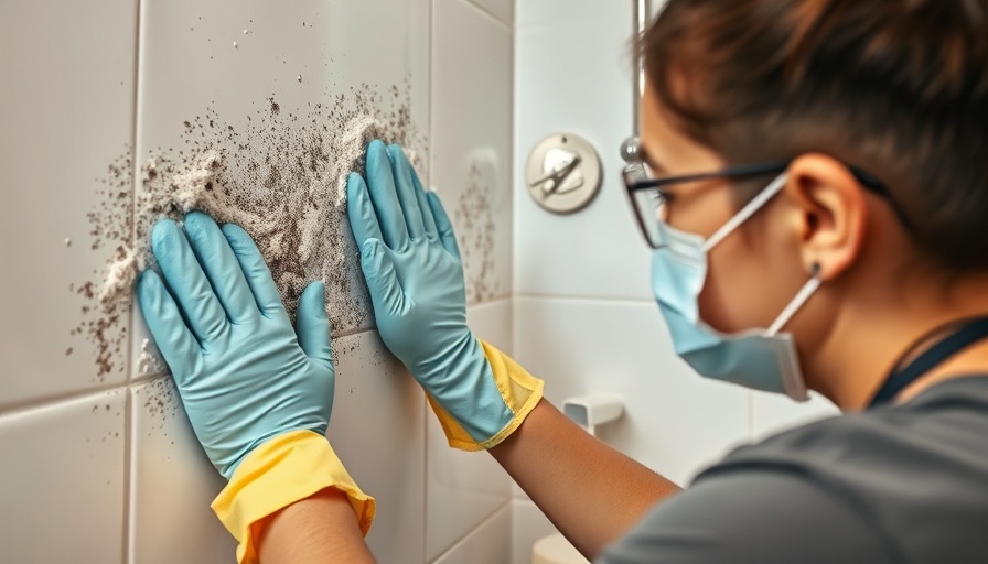 DIY mold removal in bathroom with person using protective gear.