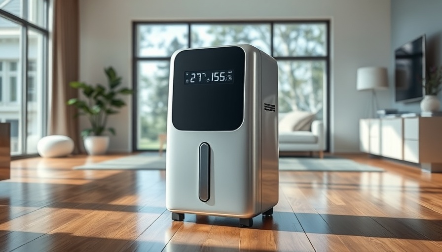Stylish dehumidifier in a modern living room for Portland's climate.