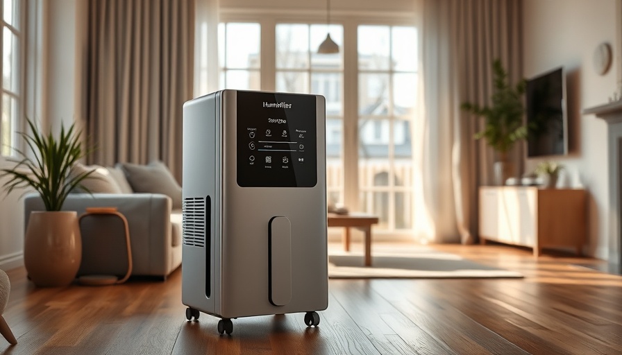 Modern dehumidifier in a cozy living room with soft lighting.