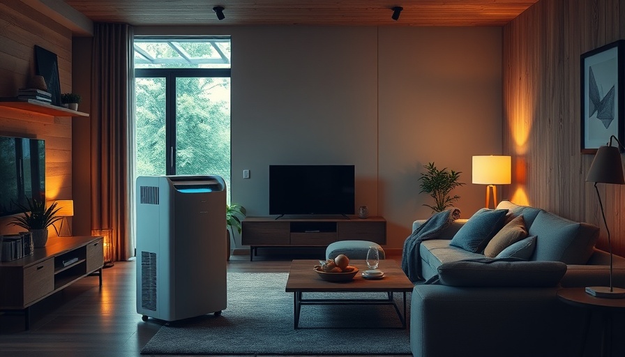 Modern living room with dehumidifier for reducing home humidity.