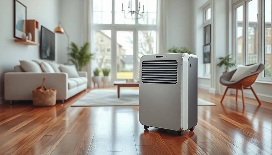 Sleek dehumidifier in modern living room setting, Portland's Best Dehumidifiers.