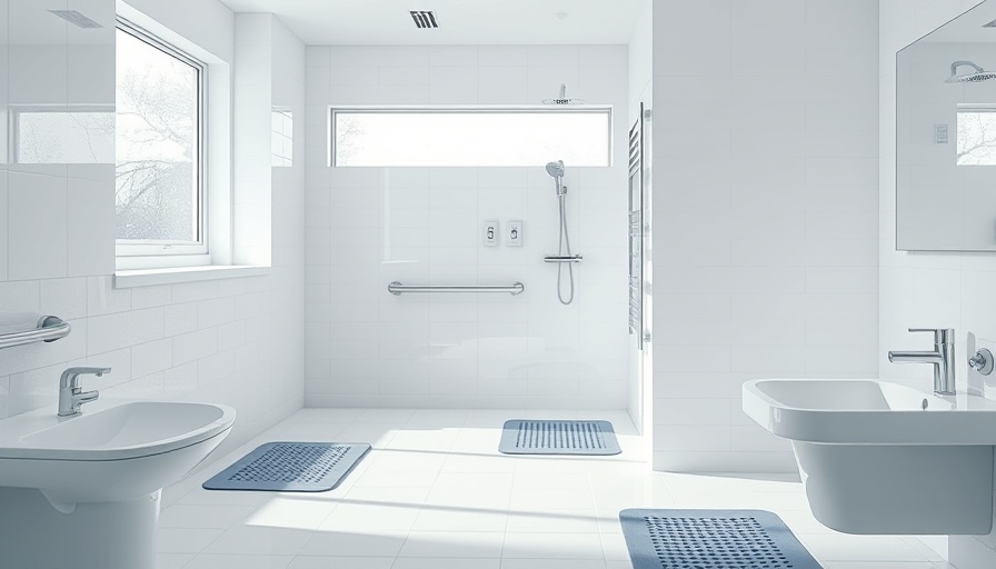 Modern bathroom with safety features like grab bars and non-slip mats, bright.