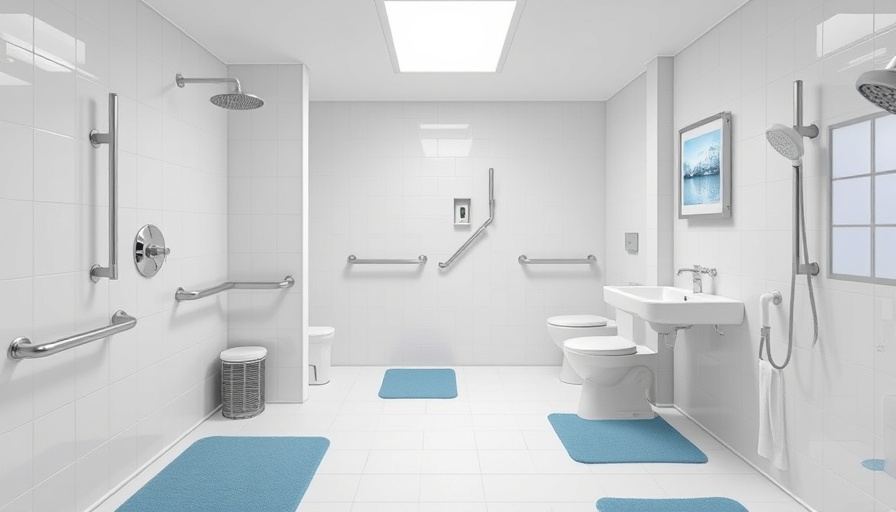 Modern bathroom safety features including grab bars and non-slip mats.