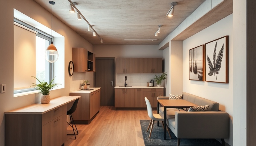 Cozy modern basement apartment interior design with kitchen and living area.