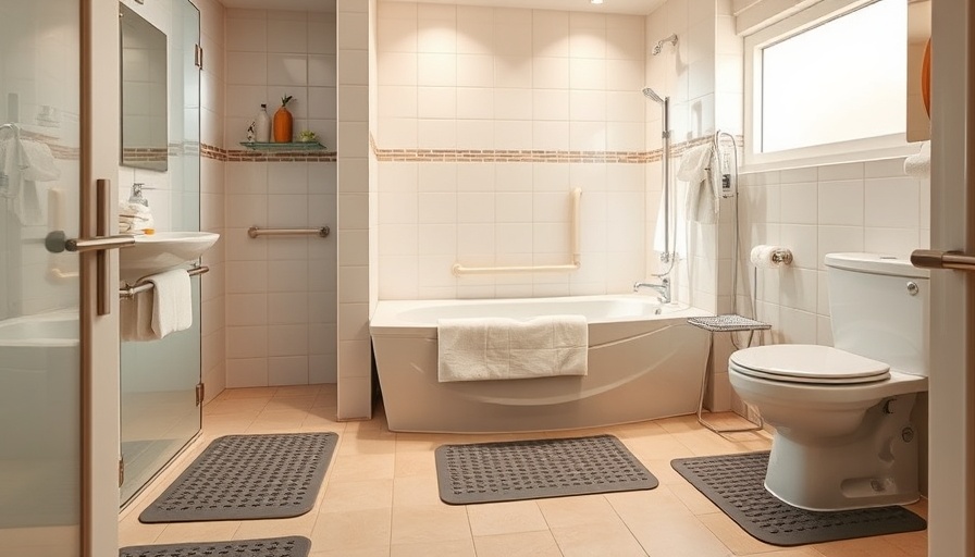 Bathroom safety features include grab bars and non-slip mats.