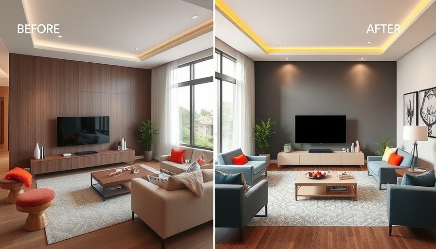 Before and after renovation showcases a modern living room transformation.