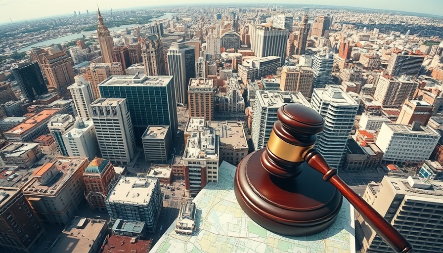 Urban zoning map with gavel representing legal considerations.