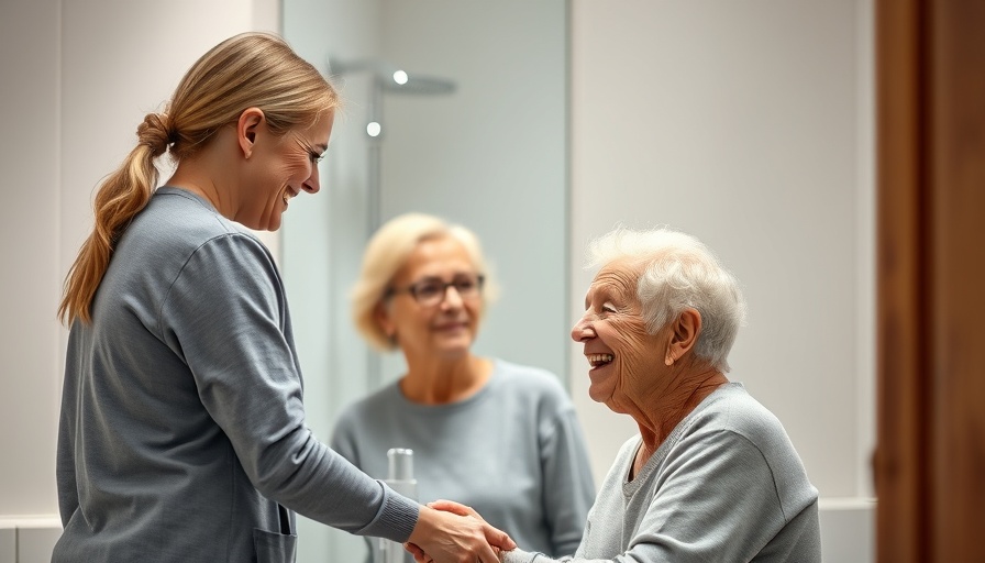 Elderly assistance during bath time, caregiver support, warm lighting.