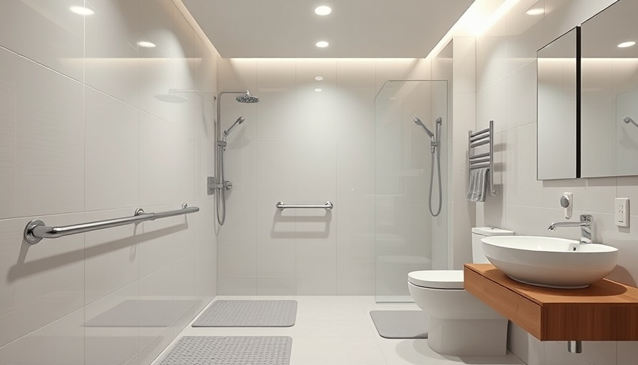 Modern bathroom with safety enhancements like grab bars and non-slip mats