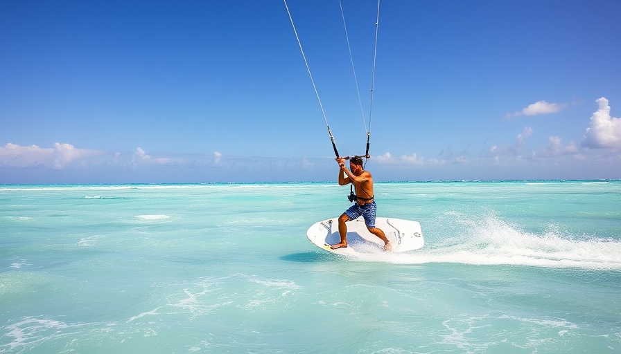 Kiteboarding in turquoise sea under clear sky, vibrant water sports.