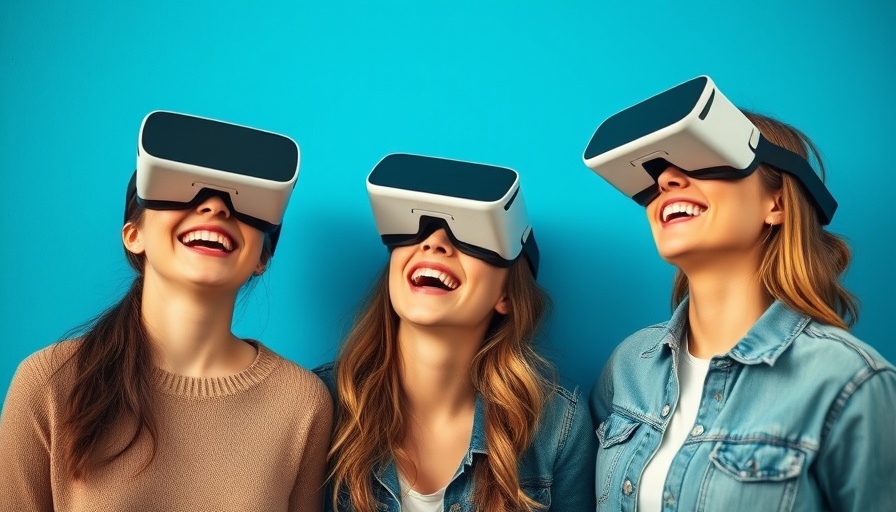 Women enjoying VR experience, indoor setting, blue background.