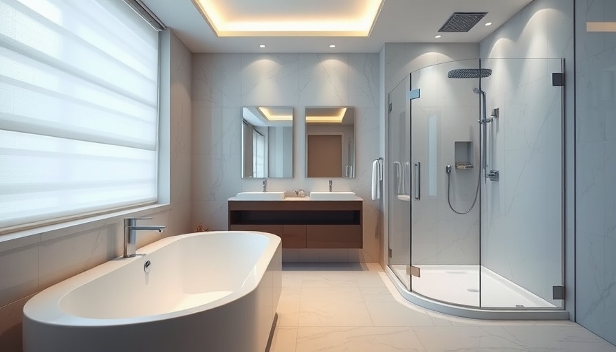Modern bathroom with walk-in tub and roll-in shower, neutral tones.
