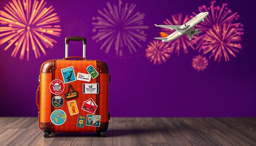 Vibrant travel ad with suitcase and airplane, promoting tourism deals.
